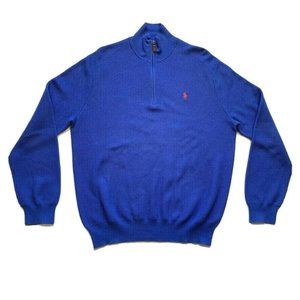 Polo Ralph Lauren Pima Cotton Sweater Pullover Waffle Knit 1/4‎ Zip Blue XL EUC